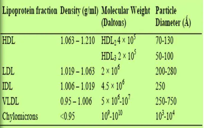 Tabel 3. Klasifikasi plasma Lipoprotein berdasarkan densitasnya 