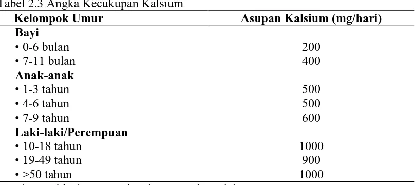 Tabel 2.3 Angka Kecukupan Kalsium  Kelompok Umur 