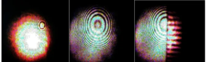 Gambar 4.3.Pola frinji yang dihasilkan dengan  menggunakan laser He-Ne pada pengujian lensa dengan  panjang fokus 18 mm (a) Pola frinji tampak seperti sorotan 