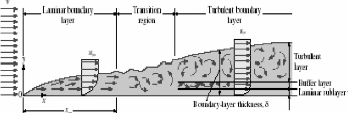 Gambar 2.3 Proses berkembangnya aliran di atas plat aliran eksternal ( Cengel ,Y. A, 2003)