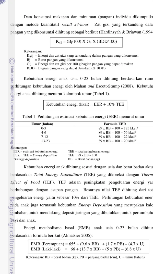 Tabel 1  Perhitungan estimasi kebutuhan energi (EER) menurut umur 