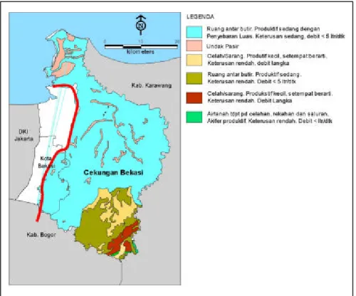 Gambar 2.  Cekungan Airtanah Bekasi Yang Berbatasan Dengan Cekungan Airtanah Jakarta Di  Bagian Baratnya (Sumber : DGTL, 1993) 