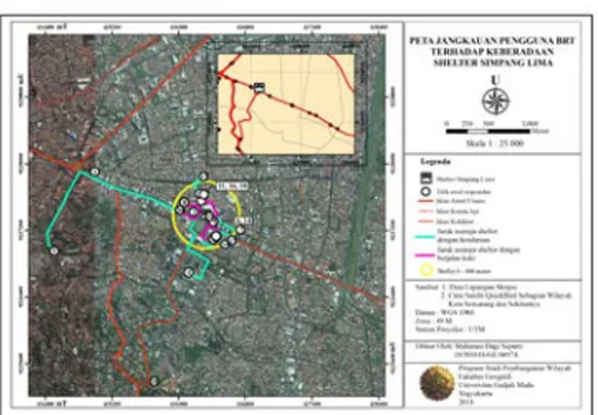 Gambar 10. Peta Jangkauan Pengguna BRT Terhadap  Keberadaan Shelter Simpang Lima 