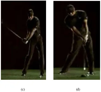 Gambar 2.7. Model ganda pendulum dari ayunan golf, (a) pada awal downswing, (b) pada titik rilis, (c) setelah melepaskan club dan (d) pada saat terjadi impak.