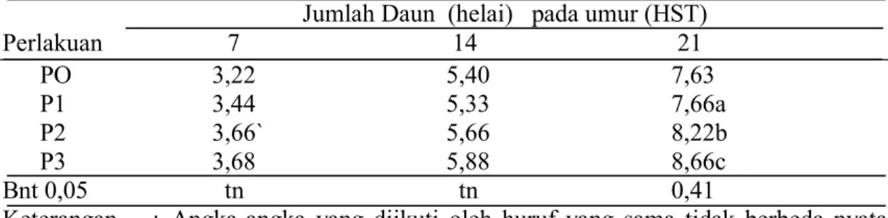 Tabel 2. Rata-rata Perkembangan Jumlah Daun Saledri Umur 7, 14 dan 21 hst. 