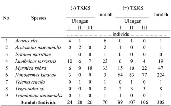 Tabel  5.  Total  Arthropoda Tanah pada Areal  Tanpa Aplikasi  dan Dengan  TKKS