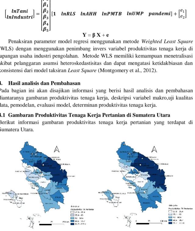 Gambar 2. Peta Tematik Produktivitas Tenaga Kerja di Pertanian di Sumatera Utara  Secara  umum,  produktivitas  tenaga  kerja  lapangan  usaha  pertanian  di  Sumatera  Utara menurun di masa pandemi, yaitu dari 56,32 juta rupiah per kapita pada tahun 2019 