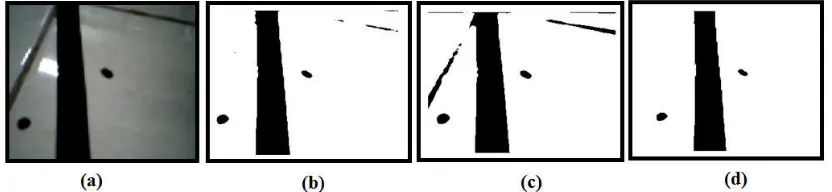 Gambar 3. (a) Citra Awal Hasil Tangkapan Webcam, (b) Citra Biner dengan Nilai Ambang 0,1 (b) Citra  Biner dengan Nilai Ambang 0,2 dan (c) Citra Biner dengan Nilai Ambang 0,05 