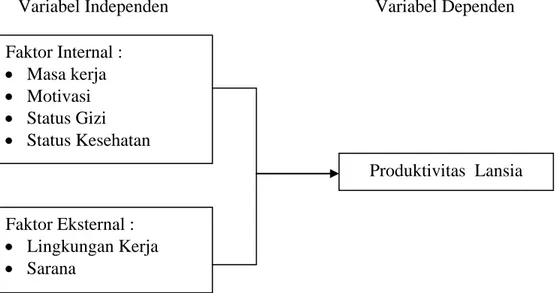 Gambar 2.1. Kerangka Konsep Penelitian Faktor Internal : •  Masa kerja •  Motivasi  •  Status Gizi •  Status Kesehatan  Produktivitas  Lansia Faktor Eksternal : •  Lingkungan Kerja •  Sarana 