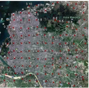 Gambar 1 Peta lokasi penelitian Kota Makassar dan sekitarnya beserta  titik-titik  pengukuran sebanyak 121 titik pengukuran (Dimodifikasi dari data  Satelit ( www.wikimapia.com) 