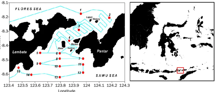 Gambar 1. Lokasi penelitian di Selat Alor dengan titik-titik lokasi penurunan CTD (lingkaran merah) dan lintasan pengukuran                    kedalaman dengan EA500  