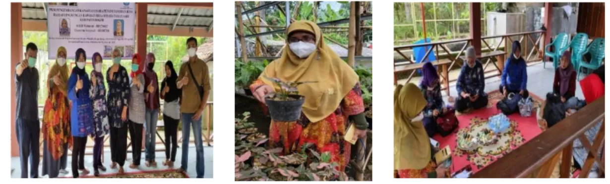 Gambar 2. Pelaksanaan PKM Pengembangan Kapasitas Usaha Petani Tanaman Hias Ramah  Lingkungan Kawasan Desa Wisata Taman Sari Kabupaten Bogor 