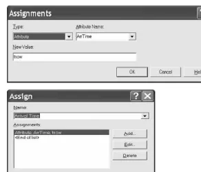 Figure 5.11Dialog boxes for assigning an arrival time to a job entity’s attribute.
