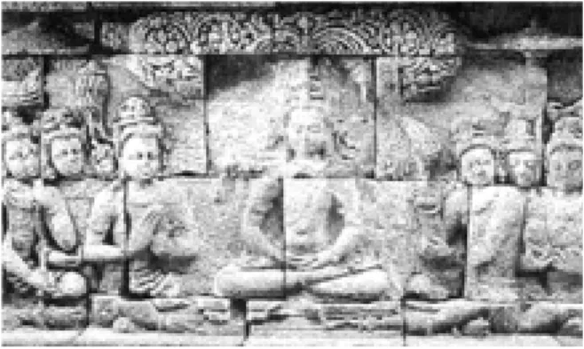 Gambar 1.3. candi Borobudur adalah candi Budha yang terbesar sehingga merupakan salah satu dari 7 keajaiban dunia dan merupakan salah satu peninggalan kerajaan Mataram, dilihat dari 3 tingkatan, pada tingkatan yang paling atas terdapat patung Dyani Budha.