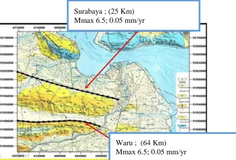 Gambar 1.1 Patahan Waru dan patahan Surabaya (Tim Pusgen, 2017)Surabaya ; (25 Km) 