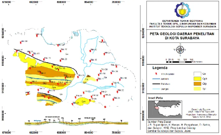 Gambar 2.2 Peta geologi Kota Surabaya oleh Sukardi dkk, 1992 dimodifikasi Novien, 2018