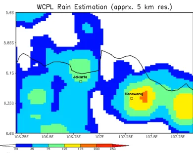 Gambar 4.14   Estimasi curah hujan daerah Karawang Tgl. 7 Februari 2008  Pada tanggal 7 Februari  (Gambar 4.14) curah hujan telah mulai berkurang,  kecuali di daerah sekitar Kota Karawang yang curah hujannya masih  menunjukkan intensitas yang berkisar anta