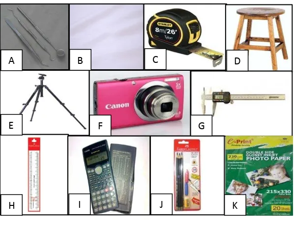 Gambar 7. Alat dan bahan penelitian. (A) Tiga serangkai (B) Kain putih, (C) Meteran (D) Kursi, (E) Tripod, (F)Kamera, (G)Kaliper digital, (H) Pembaris, (I) Kalkulator, (J)Alat tulis, (K) Kertas foto 