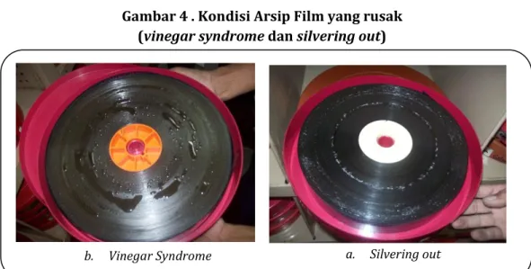 Gambar 4 . Kondisi Arsip Film yang rusak   (vinegar syndrome dan silvering out)  
