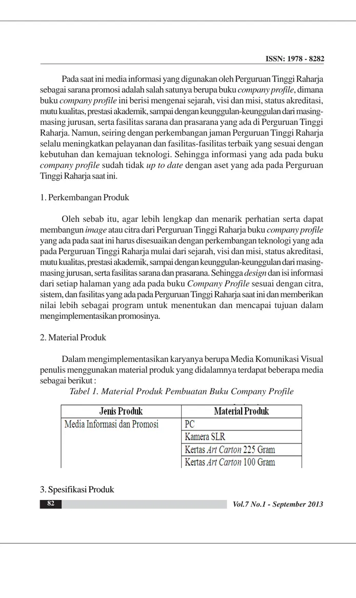 Tabel 1. Material Produk Pembuatan Buku Company Profile