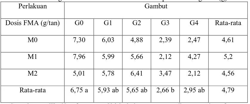 Tabel 4. Rataan Pengaruh Gambut dan Mikoriza terhadap berat kering bibit (g) Perlakuan  Gambut 