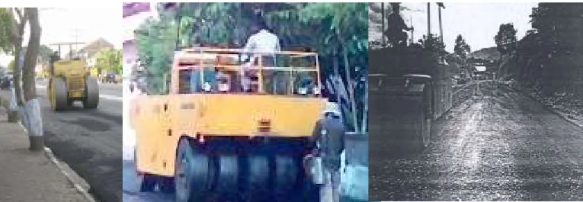 Gambar 1. Alat pemadat di lapangan yang terdiri dari  Three Wheel Roller (paling kiri), Pneumatic Tire Roller  (tengah), dan Tandem Roller (paling kanan) 