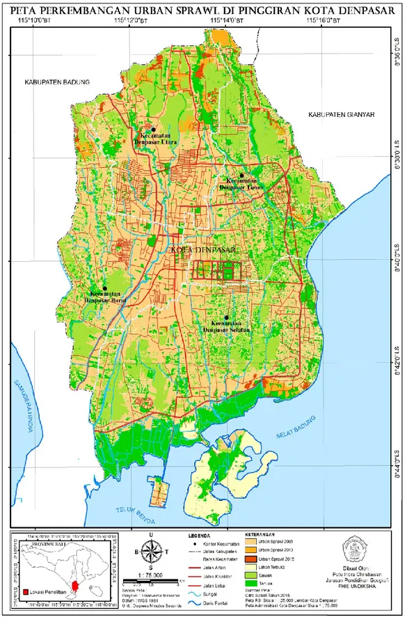 Gambar 1. Peta Perkembangan  Urban Sprawl  di Wilayah Pingiran Kota Denpasar 