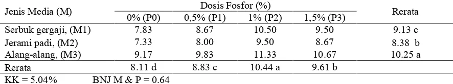 Tabel 5.  Rerata Berat Badan Buah Jamur Tiram Putih pada Beberapa Jenis Media dan DosisFosfor (g).