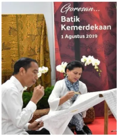 Gambar 1.  https://www.instagram.com/p/B0nQl7WB08a/?igshid=1akmw00qn6asq  Tonggak  yang  penting  dalam  era  pemerintahan  Presiden  Jokowi  adalah  melakukan  pembatikan  dengan  74  pembatik  dari  seluruh  Indonesia