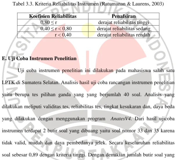 Tabel 3.3. Kriteria Reliabilitas Instrumen (Ratumanan &amp; Laurens, 2003) 