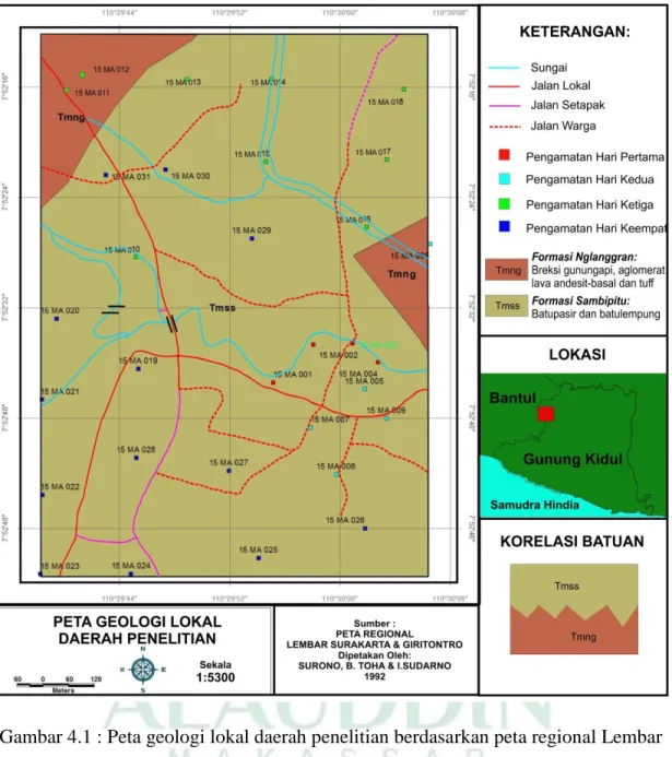 Gambar 4.1 : Peta geologi lokal daerah penelitian berdasarkan peta regional Lembar  Surakarta &amp; Giritontro 