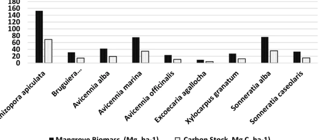 Figure 3. Biomass (Mg. ha -1 ) and carbon stock (MgC. ha -1 ) of each mangrove species