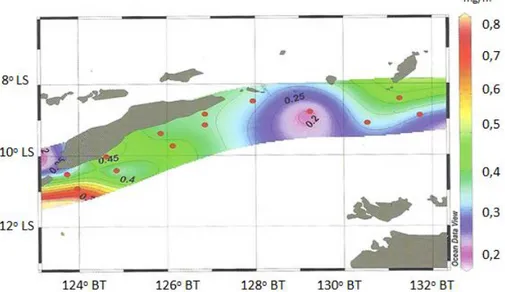 Gambar 1. Sebaran Klorfil-a di permukaan laut Timor hasil pelayaran ATSEA  (Sumber : ATSEA , 2010) 