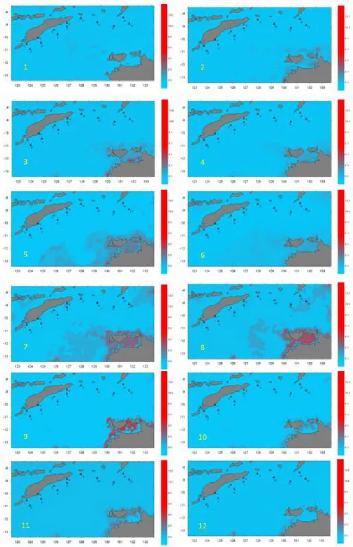 Gambar 3. Citra MODIS sebaran klorofil-a di Laut Timor, Bulan ke-1 (Januari) hingga ke-12 (Desember)  Tahun 2010 