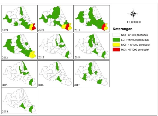 Gambar 5.   Peta Sebaran Kasus Malaria  Per  Kecamatan di Kabupaten Banyumas  Tahun 2009-2018 