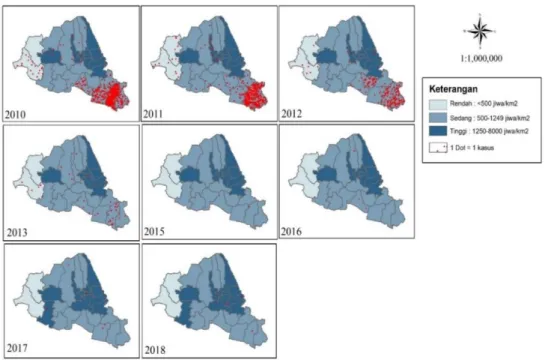 Gambar 6. Peta Kepadatan Penduduk dan Sebaran Malaria di Kabupaten Banyumas Tahun 2010-2018 