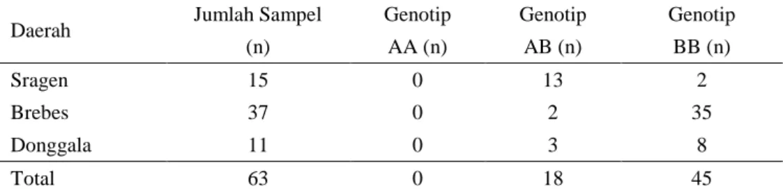 Tabel 6. Jumlah masing-masing genotip sapi Sragen, Brebes, dan Donggala hasil RFLP 