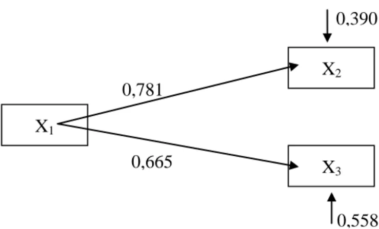 Diagram jalur kausal empiris X 1  terhadap X 2  dan  X 1  terhadap X 3