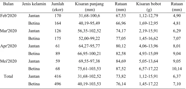 Tabel  1    Kisaran  panjang  dan  bobot  ikan  sepat  rawa  yang  tertangkap  setiap  bulan  dari  Bendungan Lempake, Kalimantan Timur