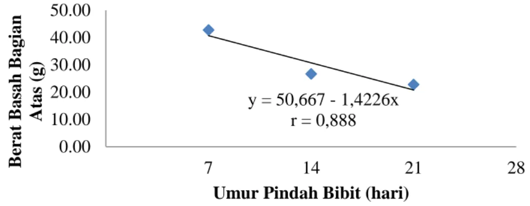 Gambar 5. Grafik Hubungan Antara Umur Pindah Bibit Terhadap Berat Basahy = 50,667 - 1,4226xr = 0,8880.0010.0020.0030.0040.0050.0007142128