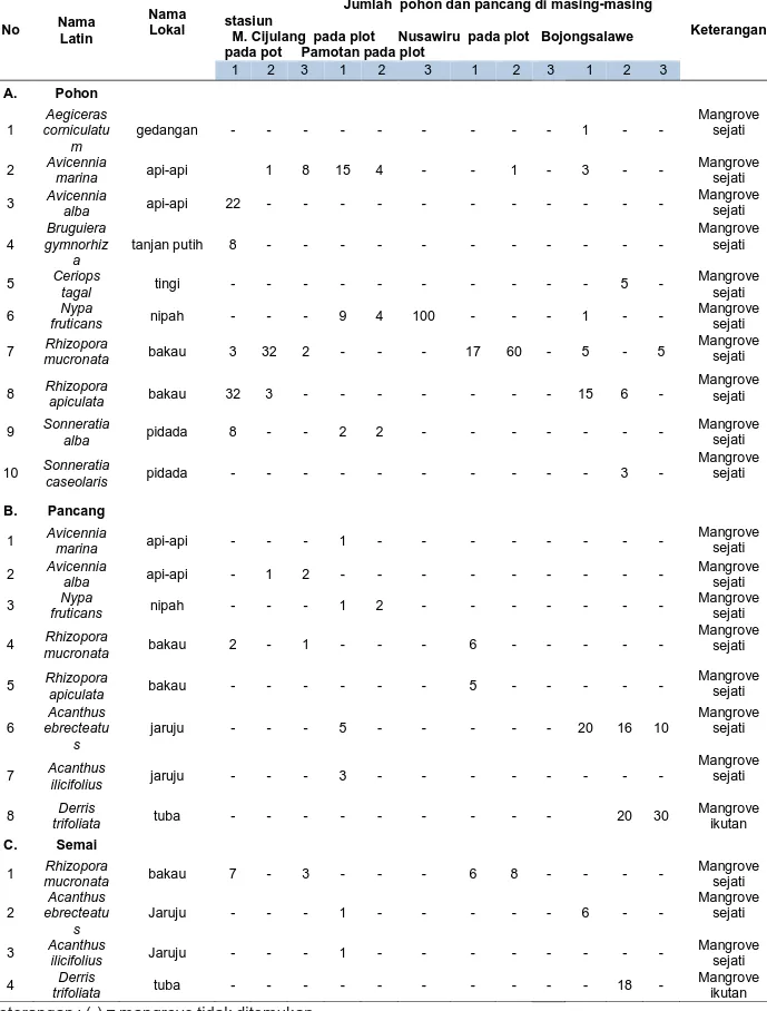 Tabel 3. Jumlah vegetasi mangrove yang ditemukan berdasarkan jenis pohon, pancang dan semai di pesisir Kabupaten Pangandaran No Nama Latin NamaLokal