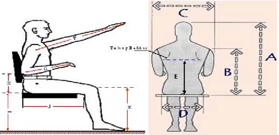 Gambar 3 Data Antropometri Posisi Duduk yang Digunakan  Keterangan :  A =  Tinggi  Tubuh  B = Tinggi  Bahu  C = Lebar  Bahu  D = Lebar  pinggul  E = Tinggi  Punggung  F = Jangkauan  tangan 