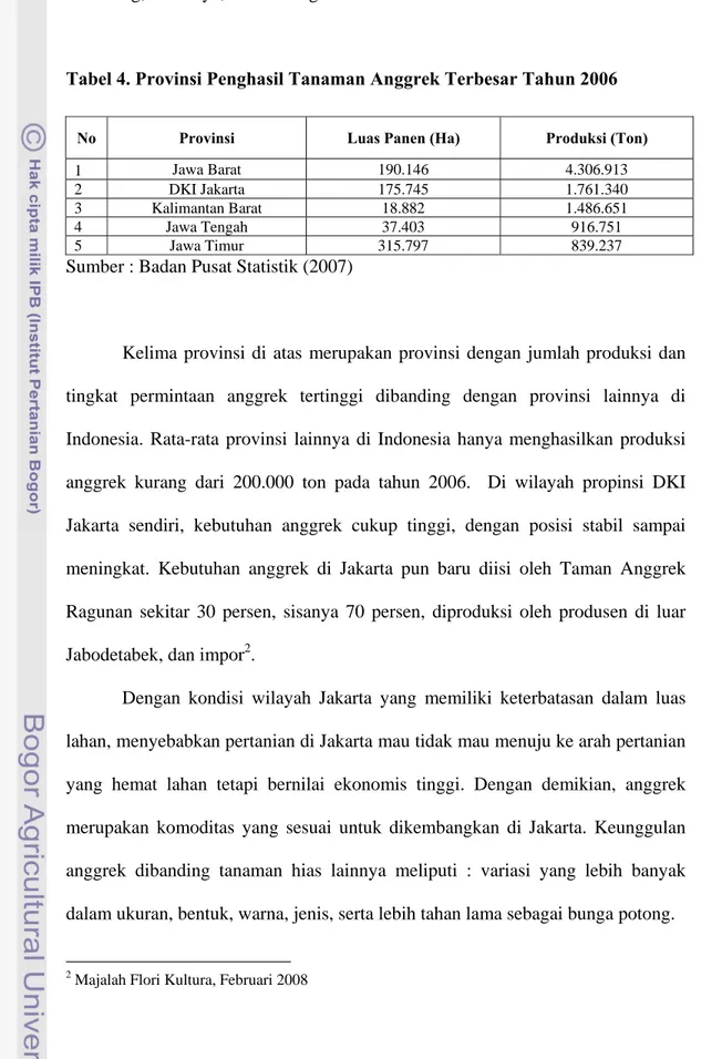 Tabel 4. Provinsi Penghasil Tanaman Anggrek Terbesar Tahun 2006 