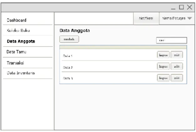 Gambar 9. Rancangan Halaman Data Anggota  Gambar  9  merupakan  rancangan  halaman  untuk  mengelola  data  anggota  yang  terdapat  pada database