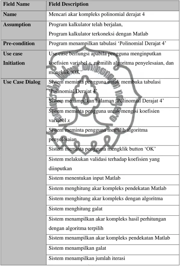 Tabel 4.14 Scenario UC.3 : Mencari Akar Kompleks Polinomial Derajat 4  Field Name  Field Description 