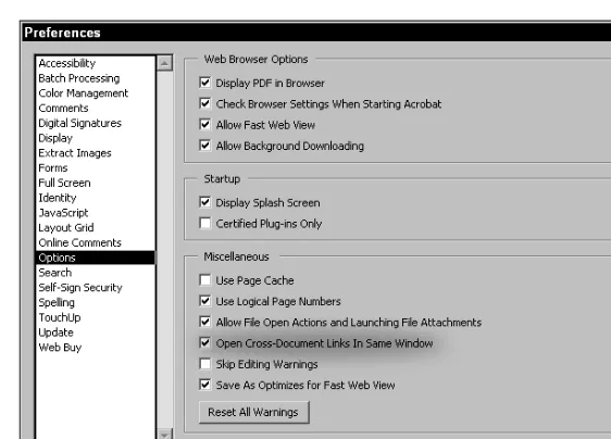 Figure 2-23: The Preferences dialog box enables you to control the behavior of cross-document linking.