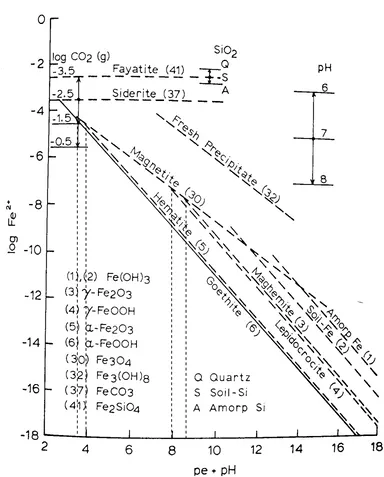 Gambar 14. Pengaruh pe + pH, CO2, dan silika terhadap kelarutan mineral-mineral besi pada pH 7