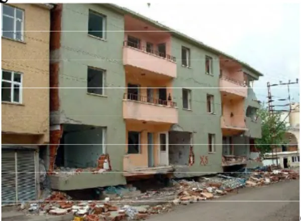 Gambar  berikut  menunjukkan  keruntuhan  soft-storey  akibat  gempa  di  Turki  tahun  2003  dari  sebuah  bangunan  beton  dengan  dinding  pengisi