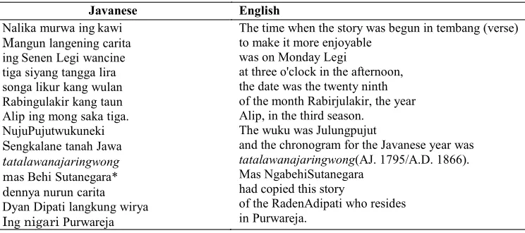 Table 6. Example 9: Javanese–English Translation (from Carey, 1974)