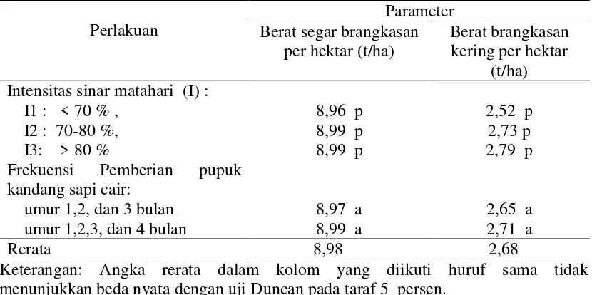 Tabel 2. Rerata berat  segar brangkasan dan berat brangkasan kering nilam per         hektar pada umur 5 bulan  